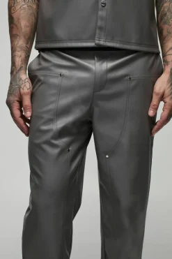 Best boohooMAN Tall Relaxed Fit Fixed Waistband PU Worker Panel Trousers grey