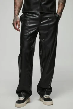 Sale boohooMAN Tall Relaxed Fit Fixed Waistband PU Worker Panel Trousers black
