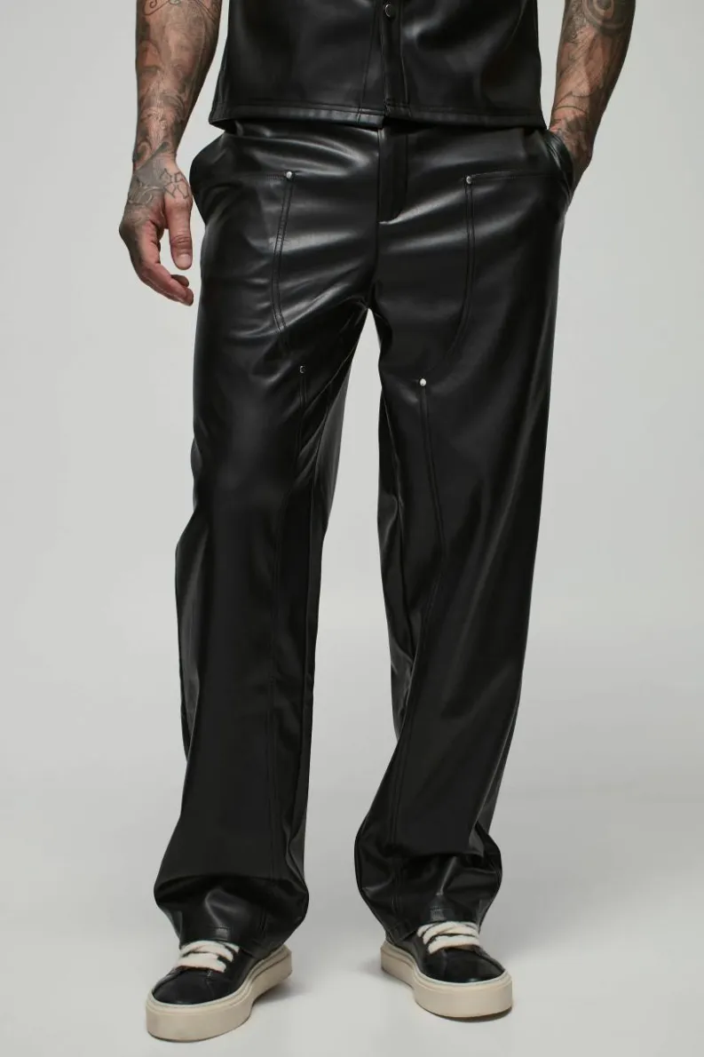 Sale boohooMAN Tall Relaxed Fit Fixed Waistband PU Worker Panel Trousers black