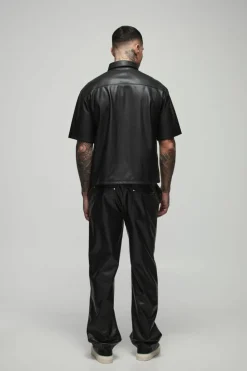 Sale boohooMAN Tall Relaxed Fit Fixed Waistband PU Worker Panel Trousers black