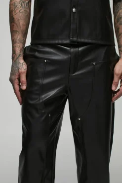 Sale boohooMAN Tall Relaxed Fit Fixed Waistband PU Worker Panel Trousers black