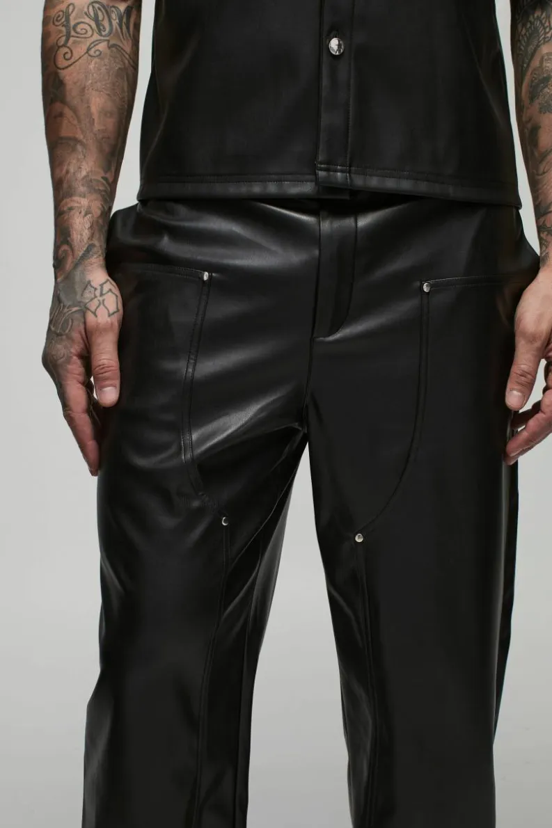 Sale boohooMAN Tall Relaxed Fit Fixed Waistband PU Worker Panel Trousers black