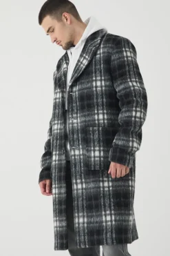Cheap boohooMAN Tall Relaxed Fit Single Breasted Check Overcoat In black