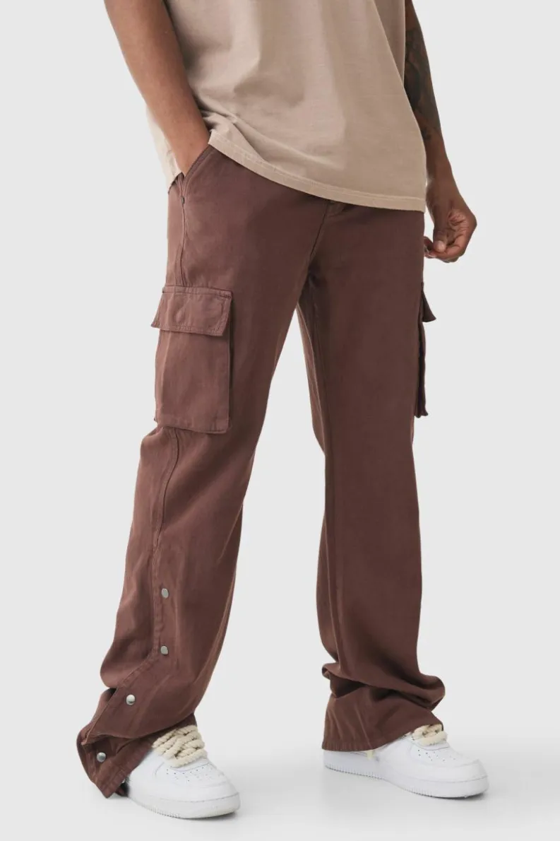 Best boohooMAN Tall Relaxed Flare Overdye Popper Hem Cargo Trouser In chocolate