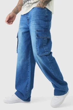 Outlet boohooMAN Tall Relaxed Rigid Cargo Jeans mid blue