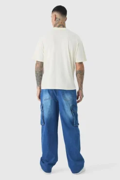 Outlet boohooMAN Tall Relaxed Rigid Cargo Jeans mid blue