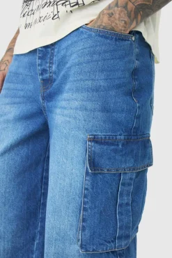 Outlet boohooMAN Tall Relaxed Rigid Cargo Jeans mid blue