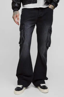 Outlet boohooMAN Tall Relaxed Rigid Flare Cargo Jeans washed black