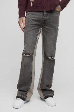 New boohooMAN Tall Relaxed Rigid Flare Knee Rip Jeans stone