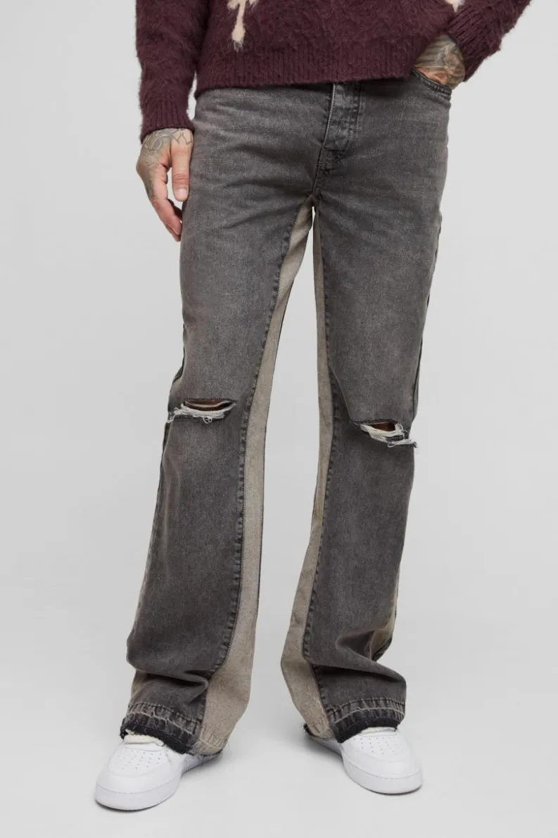 New boohooMAN Tall Relaxed Rigid Flare Knee Rip Jeans stone