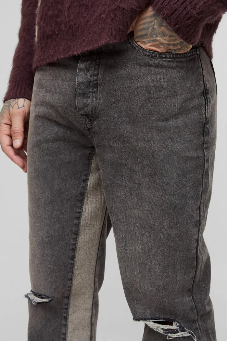 New boohooMAN Tall Relaxed Rigid Flare Knee Rip Jeans stone