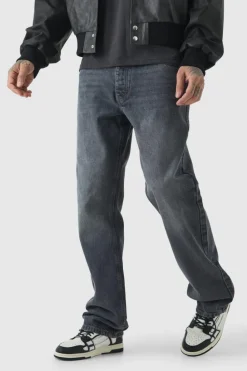 Shop boohooMAN Tall Relaxed Rigid Jeans mid grey