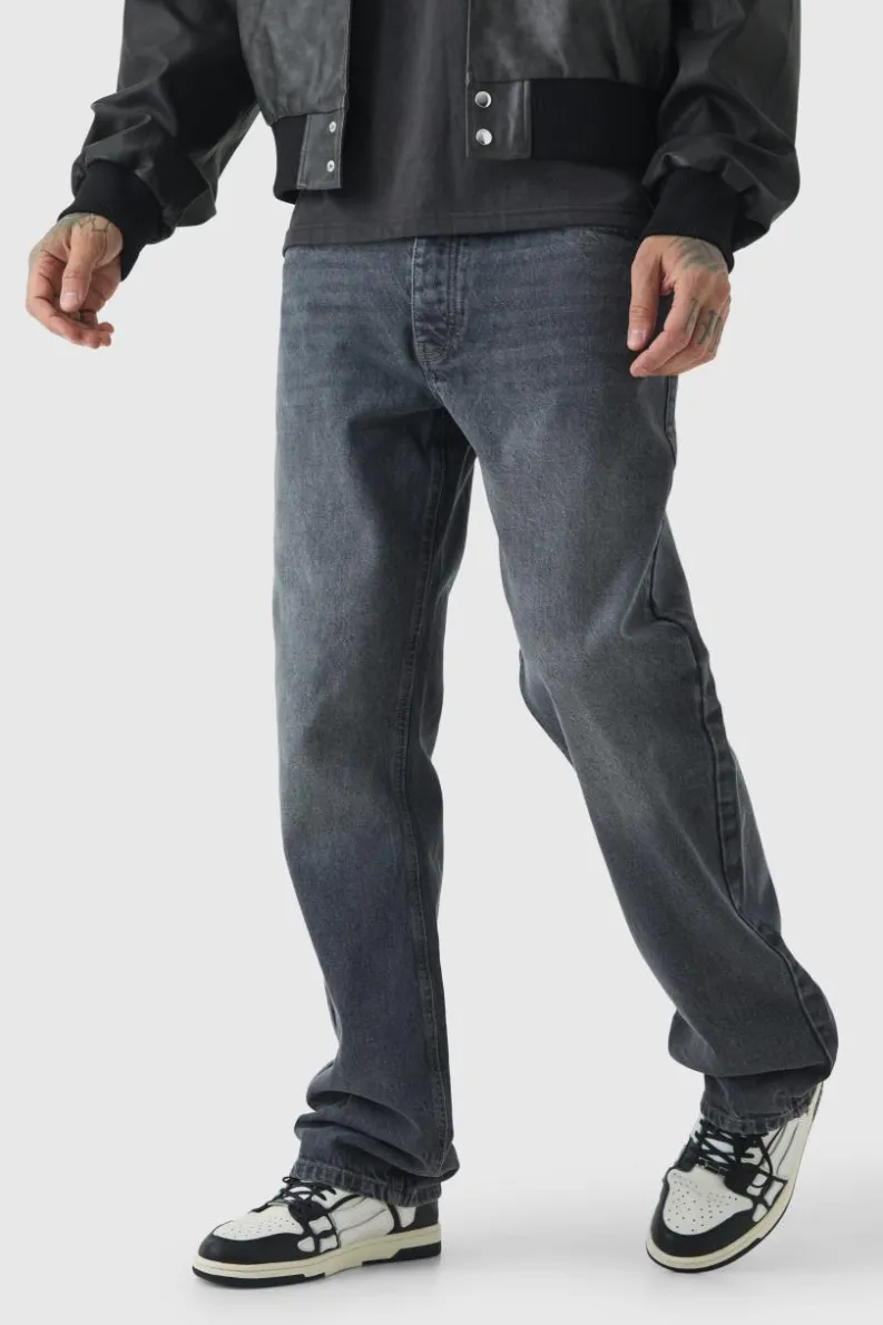 Shop boohooMAN Tall Relaxed Rigid Jeans mid grey