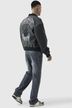 Shop boohooMAN Tall Relaxed Rigid Jeans mid grey
