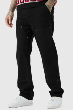 Cheap boohooMAN Tall Relaxed Rigid Top Stitch Detail Carpenter Jeans true black