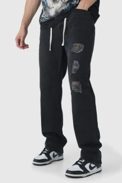 Sale boohooMAN Tall Relaxed Ripped Let Down Hem Jeans With Extended Drawcords washed black