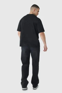 Sale boohooMAN Tall Relaxed Ripped Let Down Hem Jeans With Extended Drawcords washed black