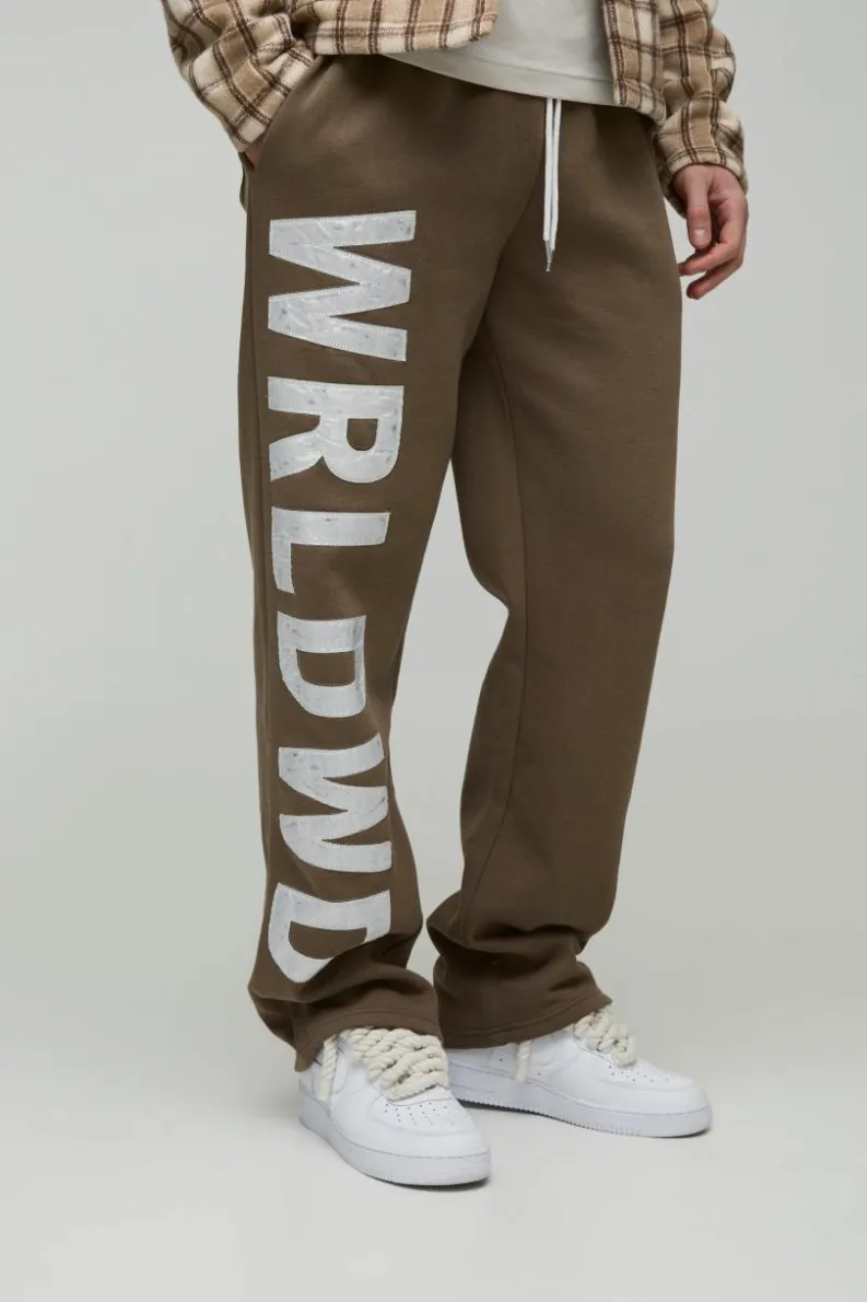 Hot boohooMAN Tall Relaxed Satin Applique WRLDWD Jogger brown