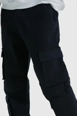 Online boohooMAN Tall Relaxed Washed Multi Pocket Cargo Jeans washed black