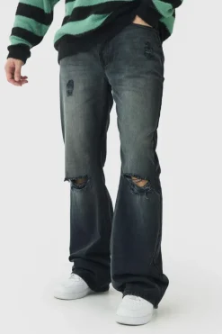 Cheap boohooMAN Tall Rigid Flared Distressed Jeans washed black