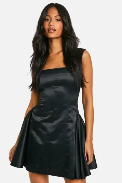 Best boohoo Tall Satin Structured Square Neck Skater Dress black