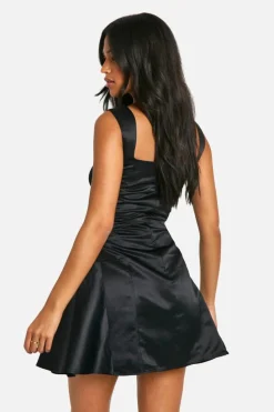 Best boohoo Tall Satin Structured Square Neck Skater Dress black