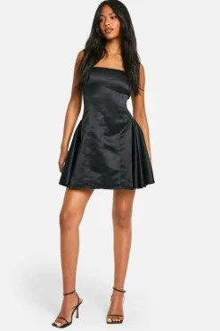 Best boohoo Tall Satin Structured Square Neck Skater Dress black