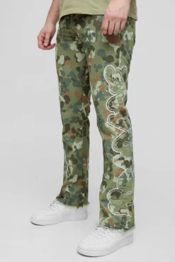 Cheap boohooMAN Tall Self Applique Gusset Detail Camo Slim Fit Flared Trousers khaki