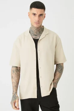 Clearance boohooMAN Tall Short Sleeve Drop Revere Linen Shirt In natural