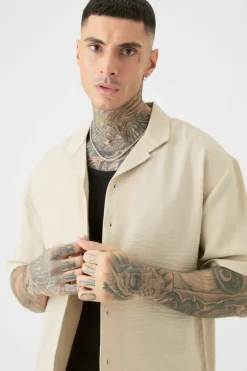 Clearance boohooMAN Tall Short Sleeve Drop Revere Linen Shirt In natural