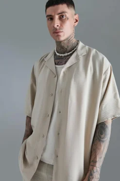 New boohooMAN Tall Short Sleeve Oversized Linen Shirt In natural