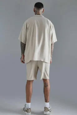 New boohooMAN Tall Short Sleeve Oversized Linen Shirt In natural
