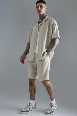 New boohooMAN Tall Short Sleeve Oversized Linen Shirt In natural