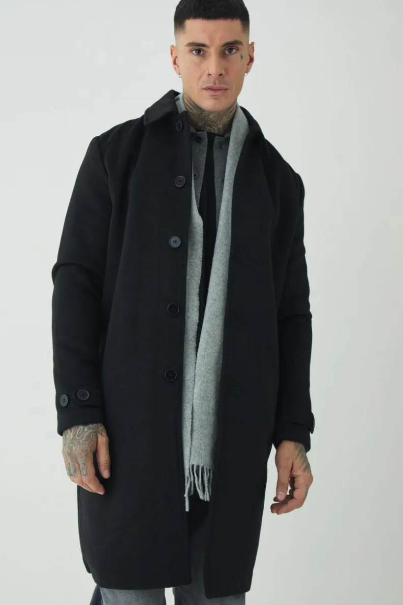 Fashion boohooMAN Tall Single Breasted Collared Overcoat In black