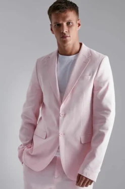Best Sale boohooMAN Tall Single Breasted Slim Linen Suit Jacket light pink