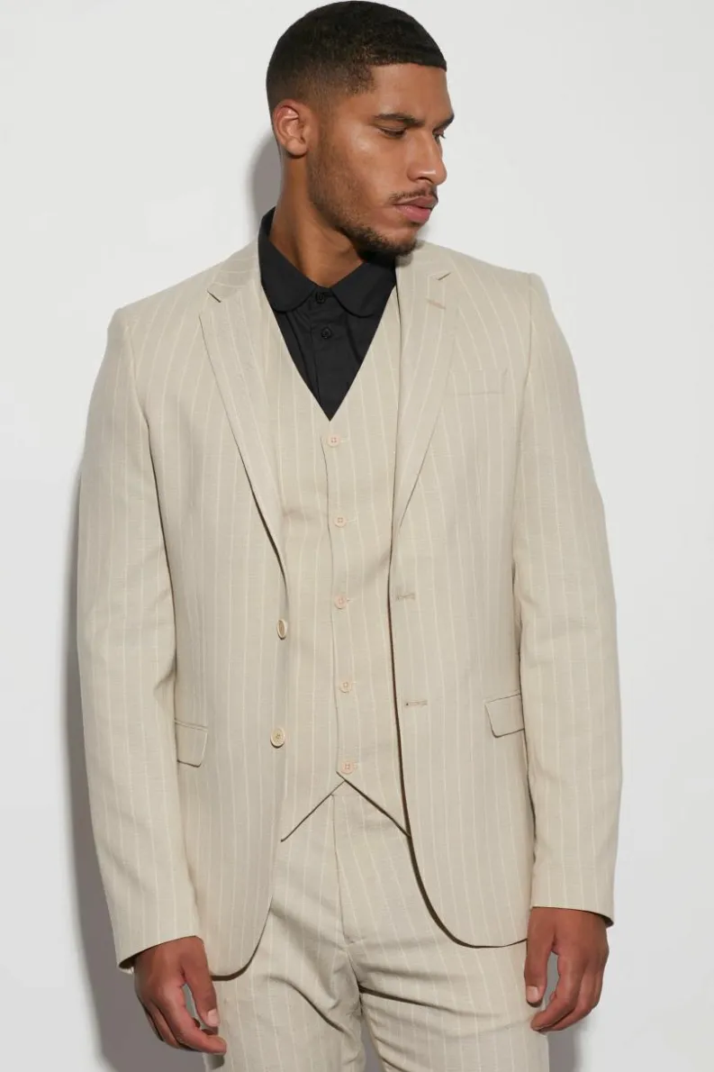 Cheap boohooMAN Tall Single Breasted Slim Stripe Suit Jacket beige