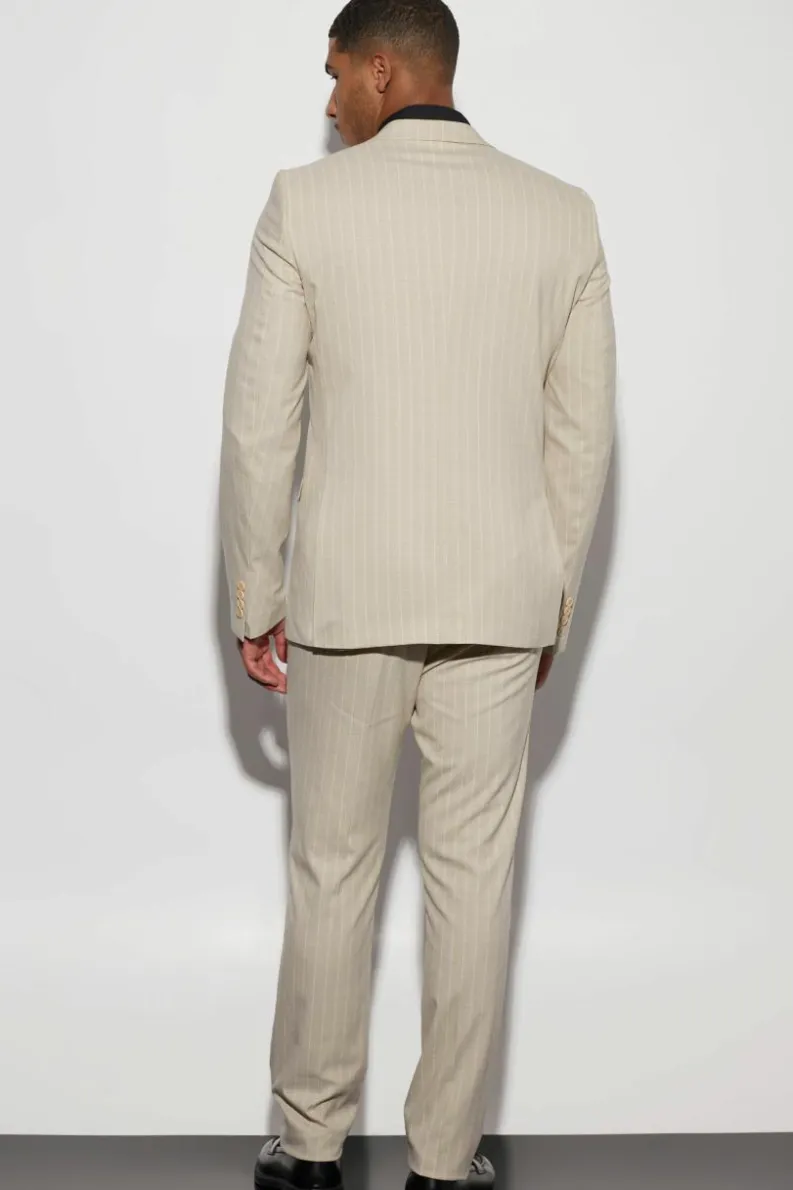 Cheap boohooMAN Tall Single Breasted Slim Stripe Suit Jacket beige