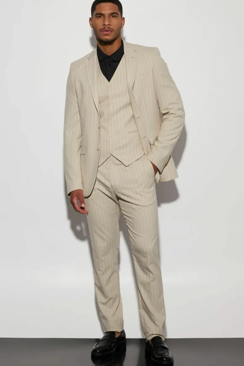 Cheap boohooMAN Tall Single Breasted Slim Stripe Suit Jacket beige