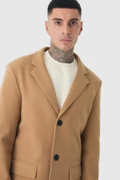 Cheap boohooMAN Tall Single Breasted Wool Look Overcoat in camel