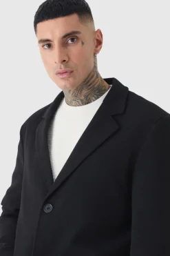 Discount boohooMAN Tall Single Breasted Wool Look Overcoat in black