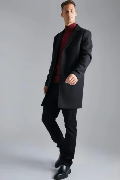 Discount boohooMAN Tall Single Breasted Wool Look Overcoat in black
