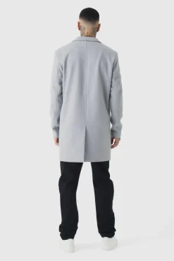 Online boohooMAN Tall Single Breasted Wool Look Overcoat in grey