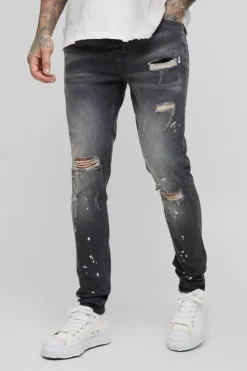 Hot boohooMAN Tall Skinny All Over Ripped Bleached Paint Splatter Jeans grey