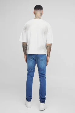 Sale boohooMAN Tall Skinny Biker Ripped Knee Jeans blue