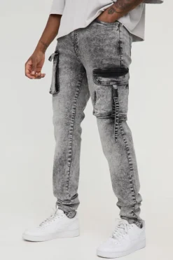 Cheap boohooMAN Tall Skinny Multi Pocket Strap Detail Cargo Jeans grey