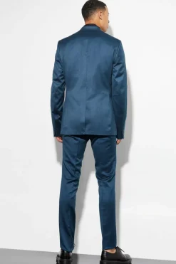 Online boohooMAN Tall Skinny Satin Suit Jacket navy