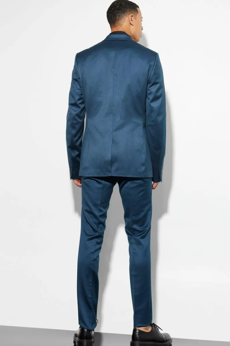 Online boohooMAN Tall Skinny Satin Suit Jacket navy