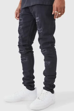Fashion boohooMAN Tall Skinny Stacked Distressed Ripped Jeans true black