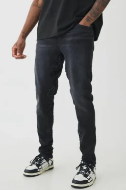 Outlet boohooMAN Tall Skinny Stretch Applique Gusset Jeans washed black