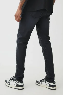 Outlet boohooMAN Tall Skinny Stretch Applique Gusset Jeans washed black